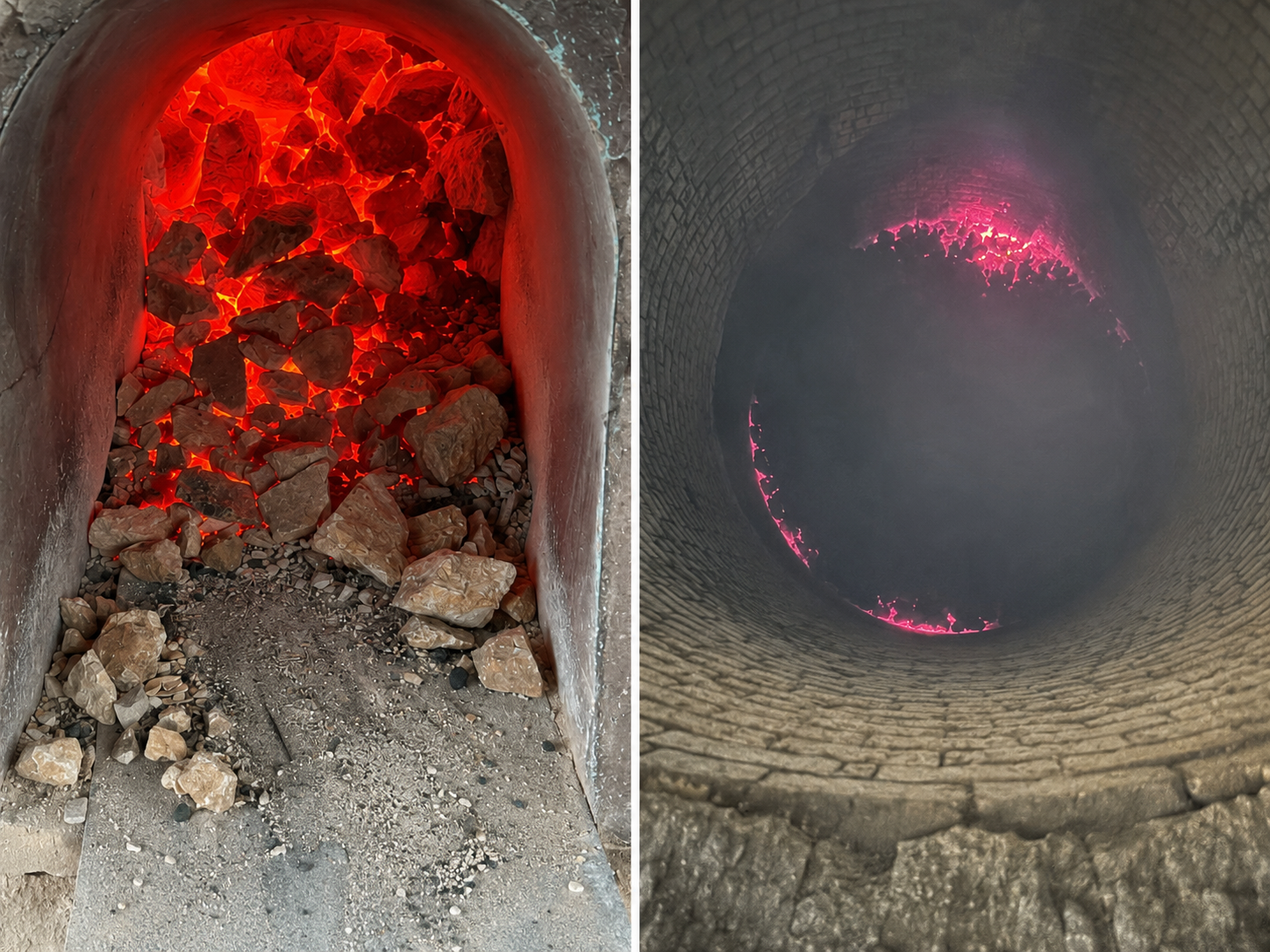 Dolomite stone undergoing a controlled burning process